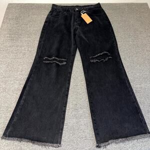 Genleck Jeans Womens Large Black Denim Distressed Wide Leg‎ High Rise Frayed Hem